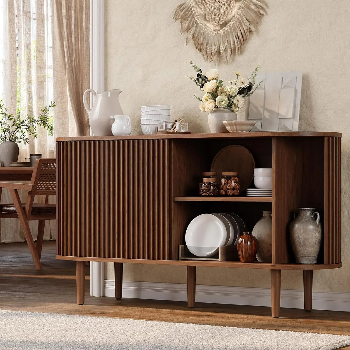 55" Sideboard Cabinet Buffet Storage - Mid-Century Modern Coffee Bar Table w/2 Doors, Adjustable Shelves, Walnut Finish | Kitchen, Dining Room Furniture