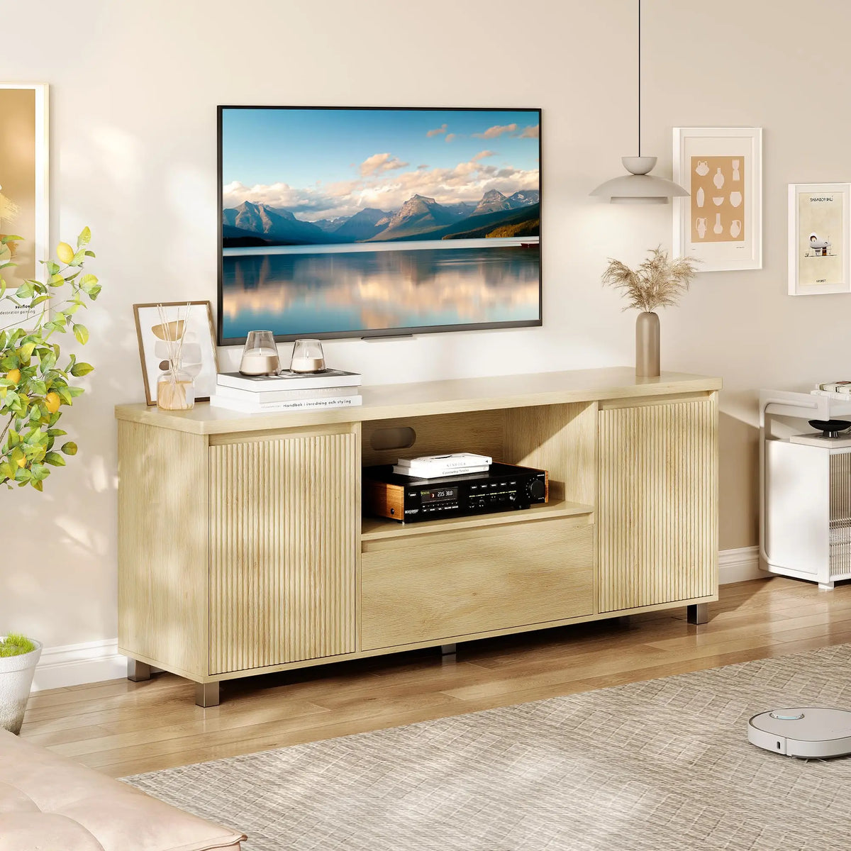 Modern TV Stand For TVs Up To 70 Inch, Media Console With Fluted Door Cabinets, Drawer, Open Shelves, Cable Management Cabinet