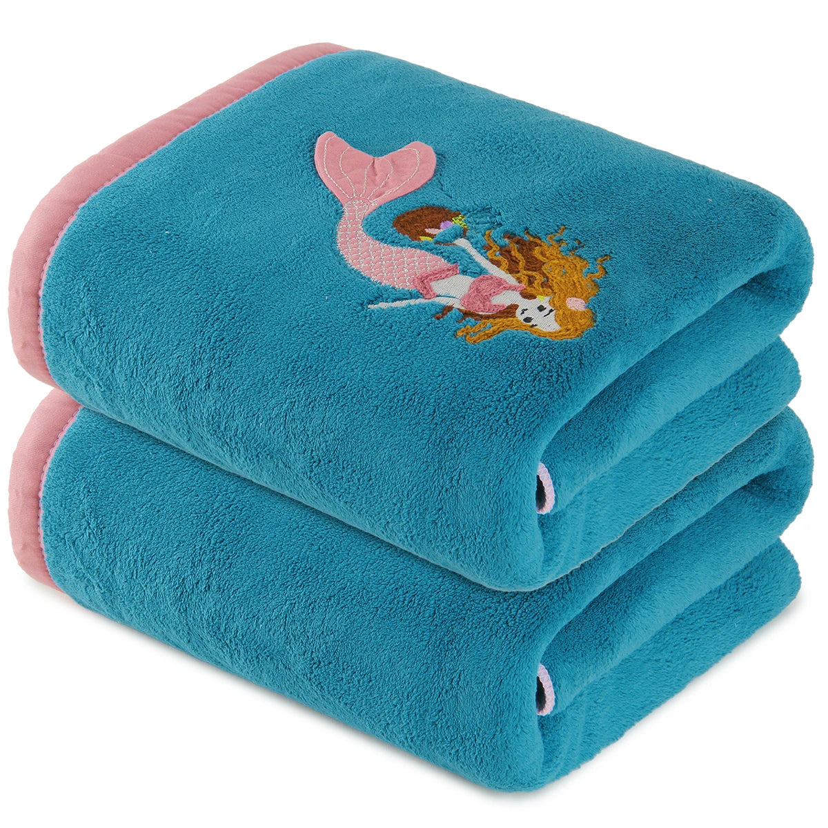 2‑Pack Coral Velvet Bath Towels, Mermaid Embroidered Pattern, Soft & Cozy, High Water Absorbency, Ideal for Bathing, SPA, Swimming, Yoga, Salon Use