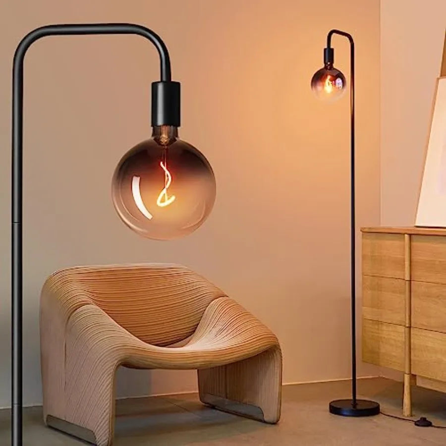 Floor Lamp for Living Room - Minimalist Industrial Standing Lamp with Modern LED Bulb, Globe Black Clear Glass 6", 1800K Warm A
