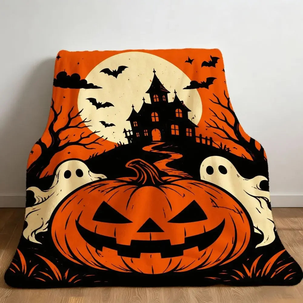 Halloween Throw Blanket Orange Black Pumpkin Ghost Haunted Mansion Moon Bats Cozy Soft Flannel Blanket for Sofa Living Room Travel Camping Gift for Fall Halloween Decor