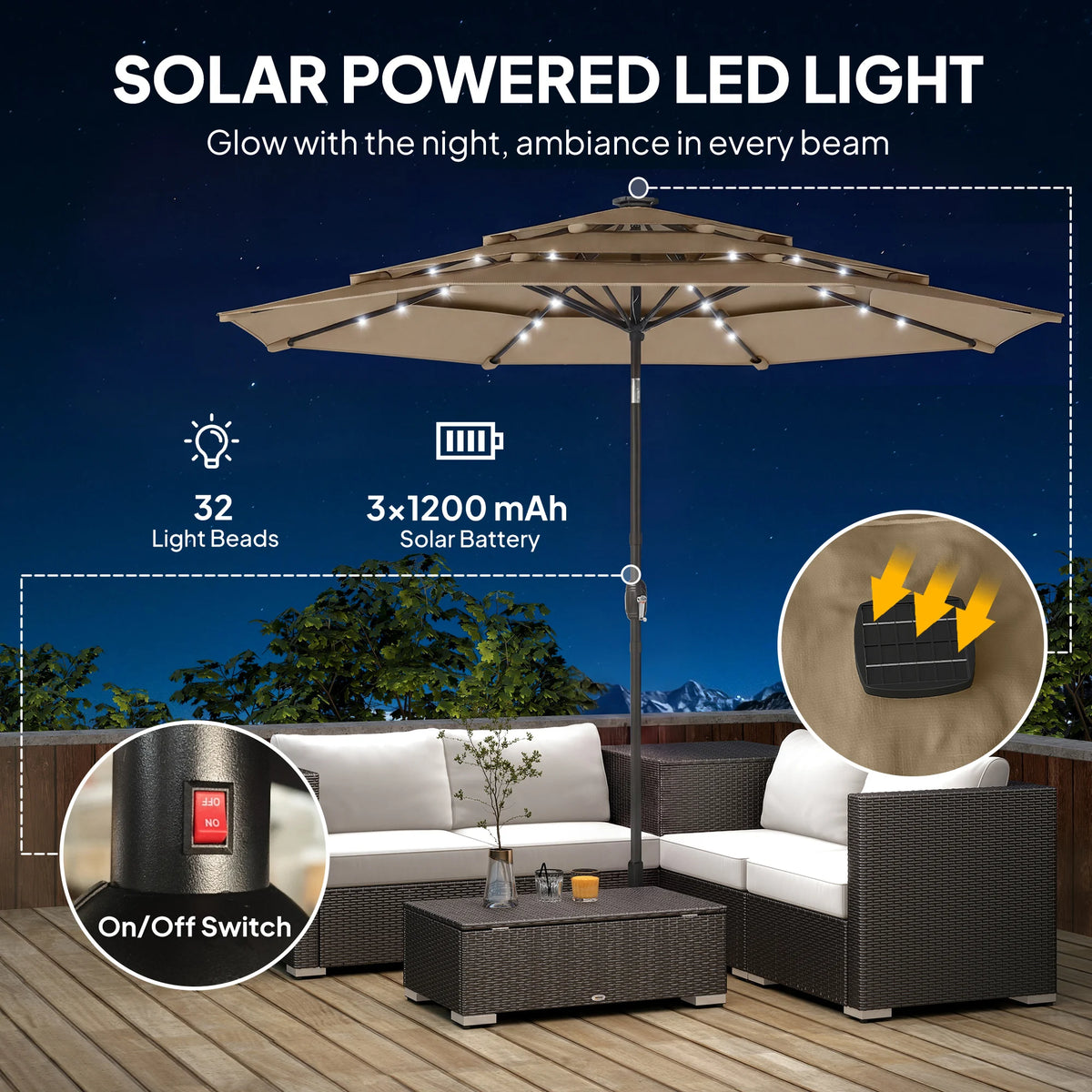 9.7 ft Outdoor Patio Umbrella with Lights, Khaki