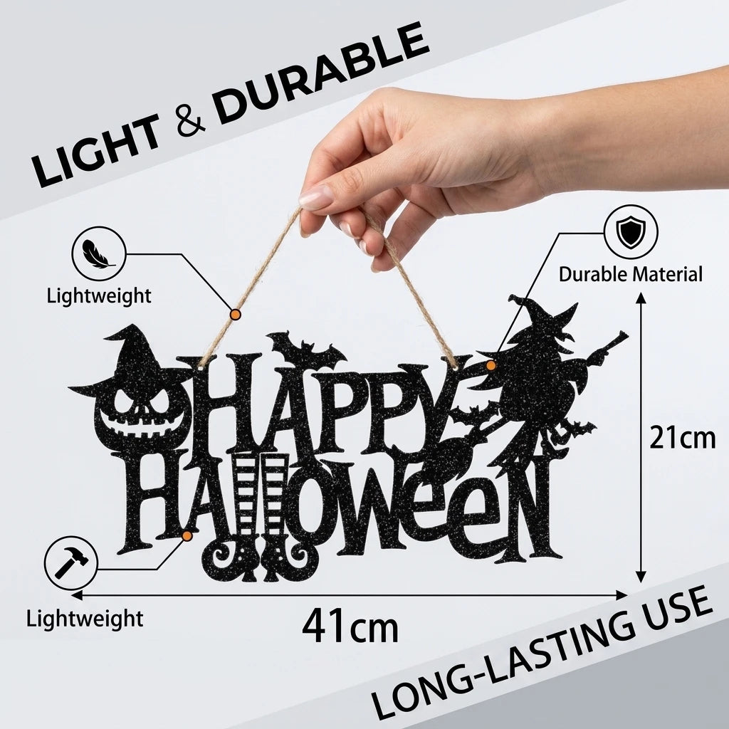 Halloween Hanging Sign Happy Halloween Door Decoration Glitter Black Witch Pumpkin Bat Wall Decor for Party Home Haunted House Bar Layout, 16.1x8.3 Inches (41x21cm)