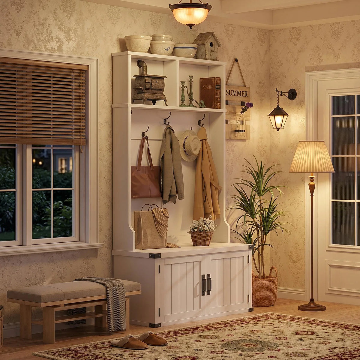 HiMISS Wooden Hall Tree With Bench And Shoe Storage