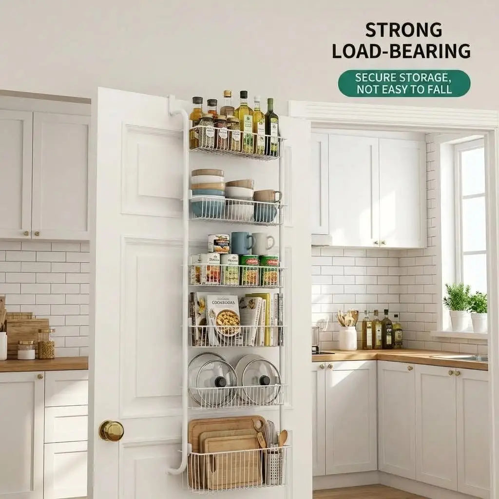 6 Tier Over the Door Pantry Organizer, Heavy Duty Metal Hanging Kitchen Storage Rack, Door Mount Spice Rack for Pantry Door Kitchen Bathroom