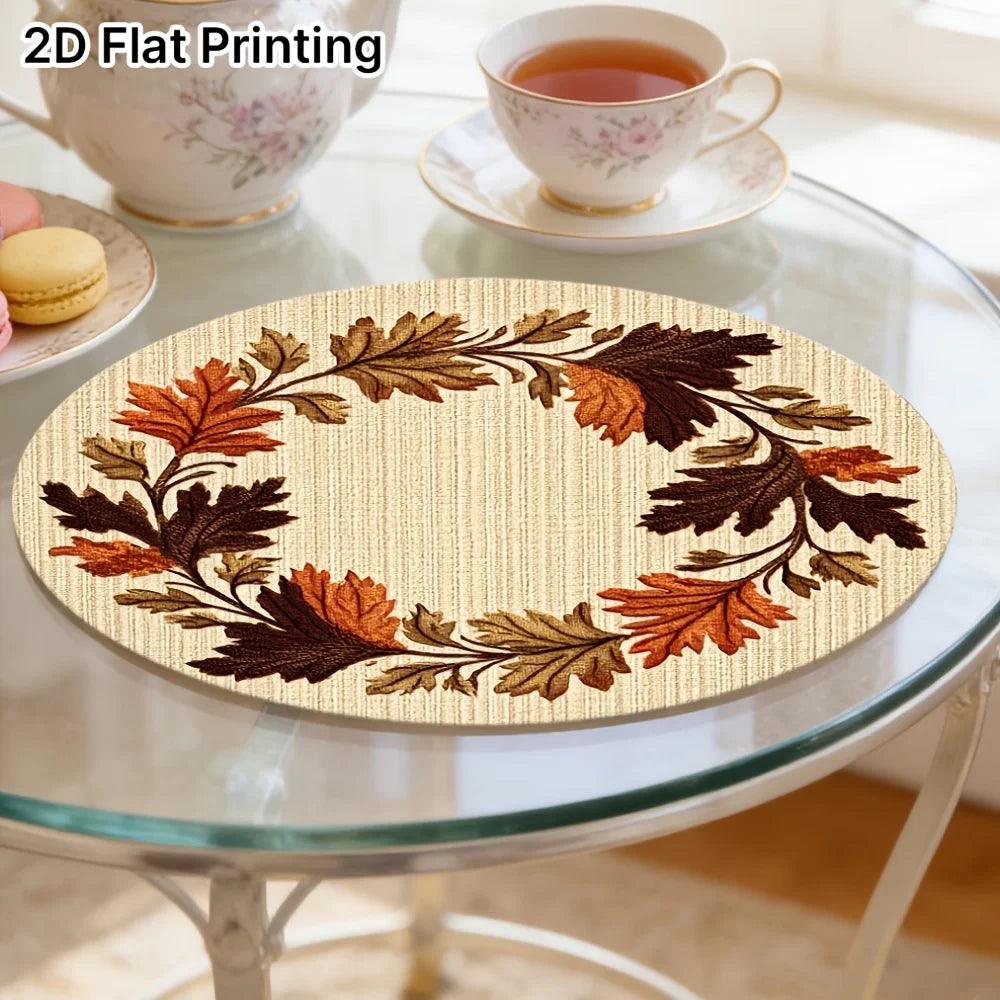 Set of 6 Round Placemats with Wooden Autumn Leaf Wreath, Non-slip Design, Ideal for Minimalist Table Decor, Suitable for Hotels, Restaurants, Festivals, Parties or Family Gatherings