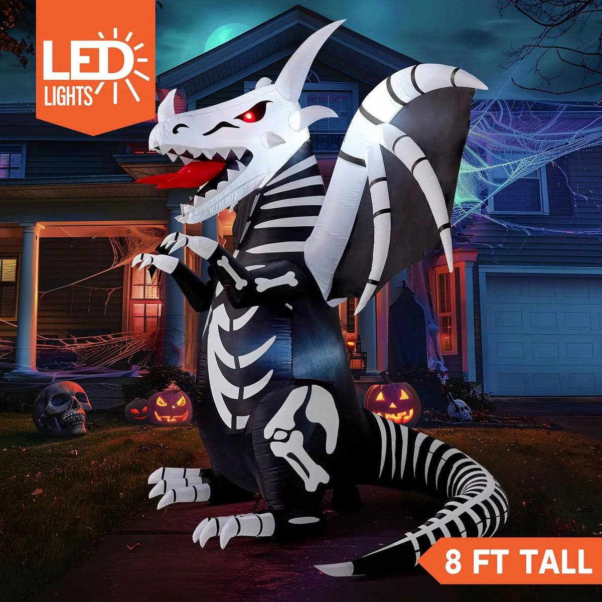 Halloween Inflatable Skeleton Dragon, 8 FT Tall Outdoor Blow-Up Yard Decoration with Red LED Eyes, Scary Halloween Decorations for Lawn and Garden, Inflatable Dragon Yard Display