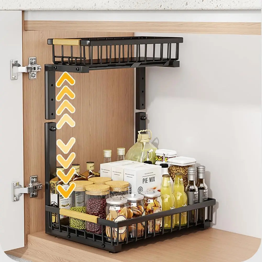 1PC 2 Tier Under Sink Organizer L-Shaped Multi-Function Shelf for Kitchen Bathroom Space Saving 16.5"–19.2" Carbon Cabinet Organizer
