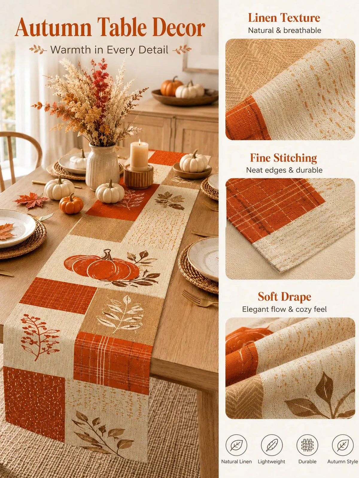 1pc-Fall Linen Table Runner, Patchwork Pumpkin Maple Leaf Table Decor, Rustic Farmhouse Autumn Dining Table Runner For Kitchen, Thanksgiving Harvest Holiday Decoration, Seasonal Centerpiece Cover For Everyday Use, Parties And