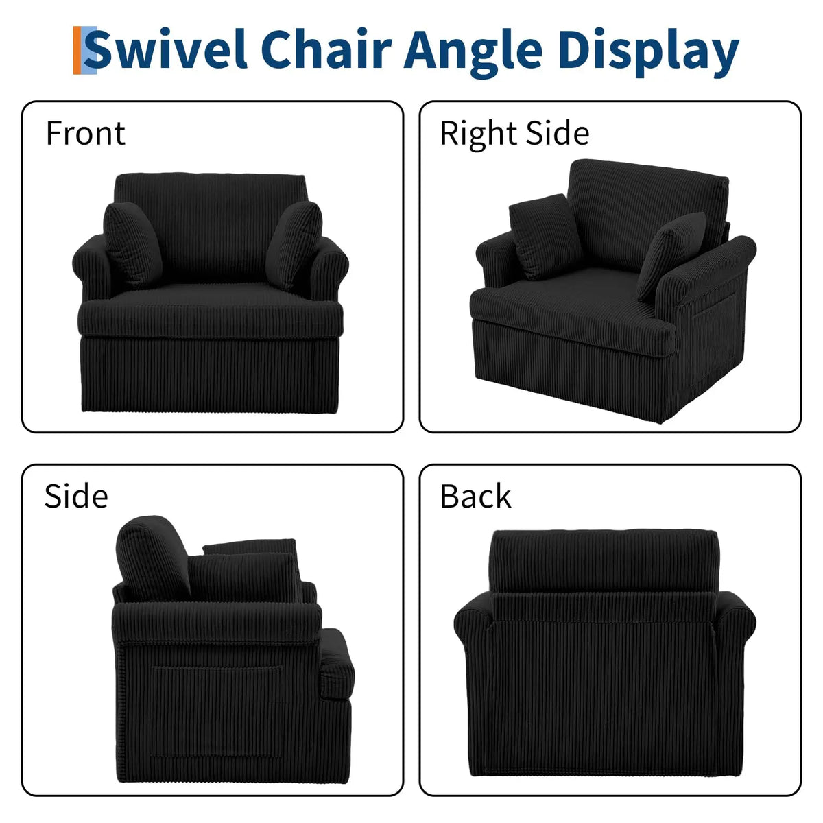 39-Inch 360 Swivel Accent Chair, Large Corduroy Barrel Armchair & 2 Pillows, Storage Pockets For Living Room Bedroom Home Office
