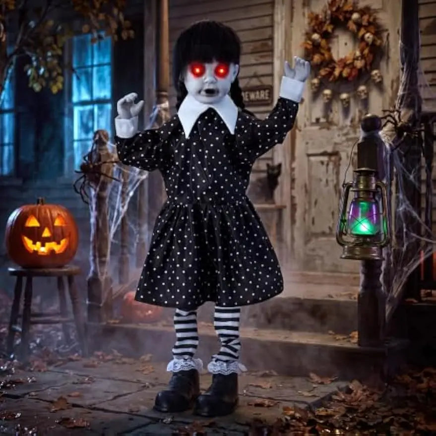 31.5" Halloween Animatronic Decorations Outdoor Ghost Doll Sound Activated Spooky Girl Prop with Glowing LED Eyes Creepy Sounds, Scary Haunted House Props for Garden Yard Lawn