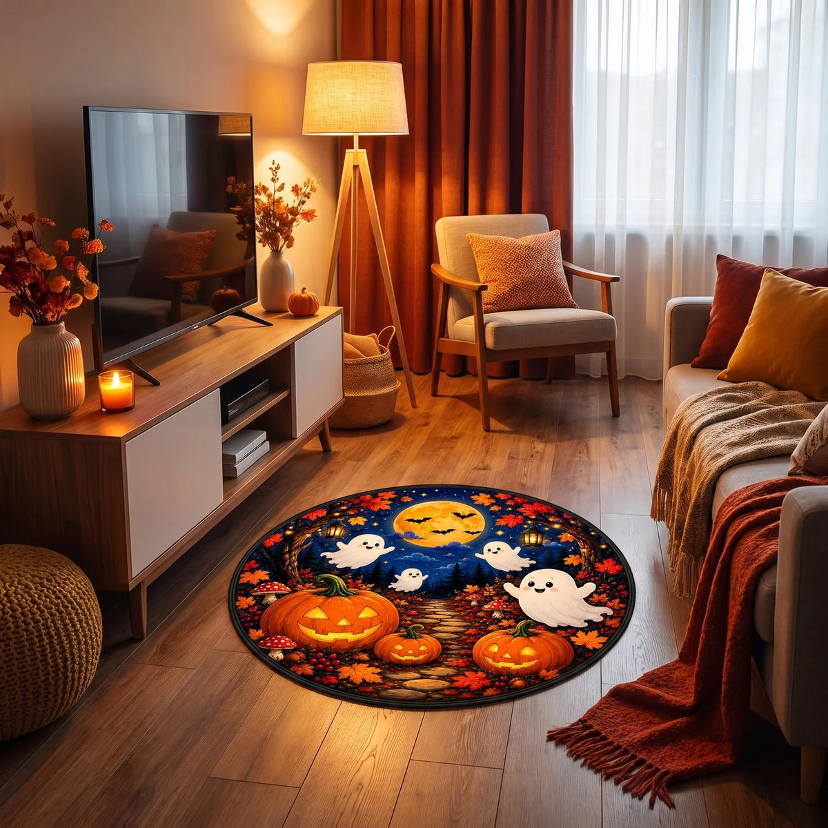 Halloween Carpet, Cute Ghost Pumpkin Round Carpet, Autumn Children's Room Decoration