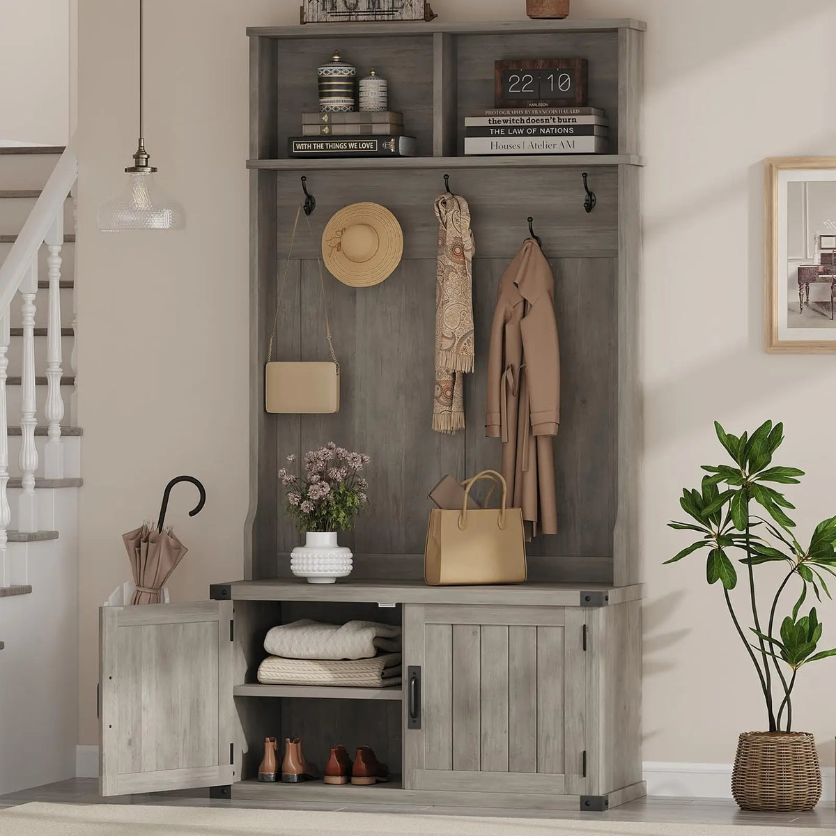 HiMISS Wooden Hall Tree With Bench And Shoe Storage