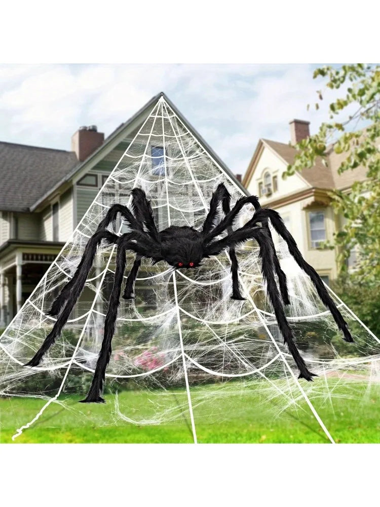 Halloween Decoration Outdoor 59'' Giant Spider with 400 sqft Spider Web Outside Decor, Stretchy Triangular Spiderweb 23 x 18 ft for Yard Haunted House Indoor Decor Supplies, Photobooth Props