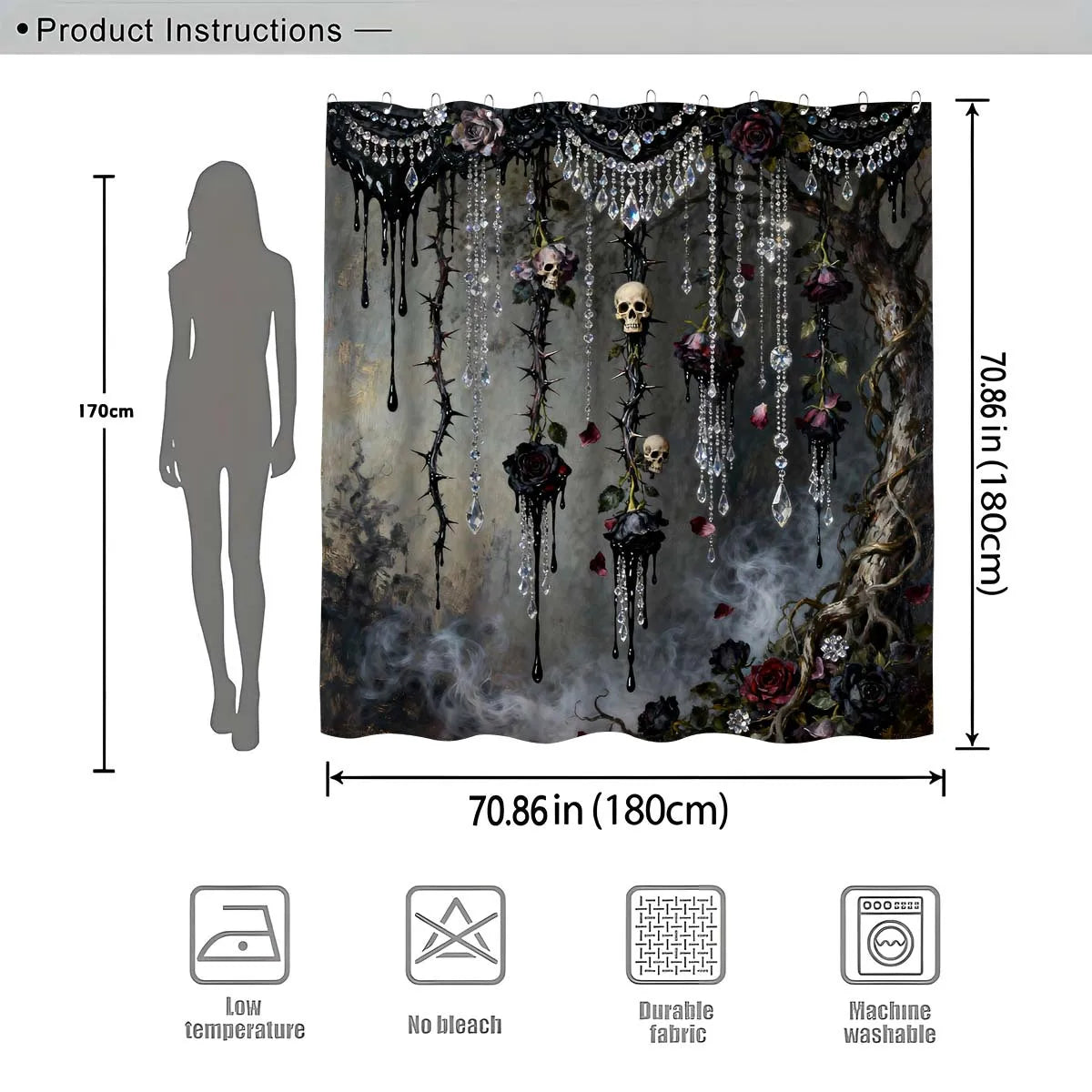 2D Flat, 1pc Shower Curtain, Gothic 2D Shower Curtain for Bathrooms, Includes a High-Quality 70.87 X 70.87inch Shower Curtain And 12 Durable Hooks. Bathroom Decor And Additions, Local Warehouse Items