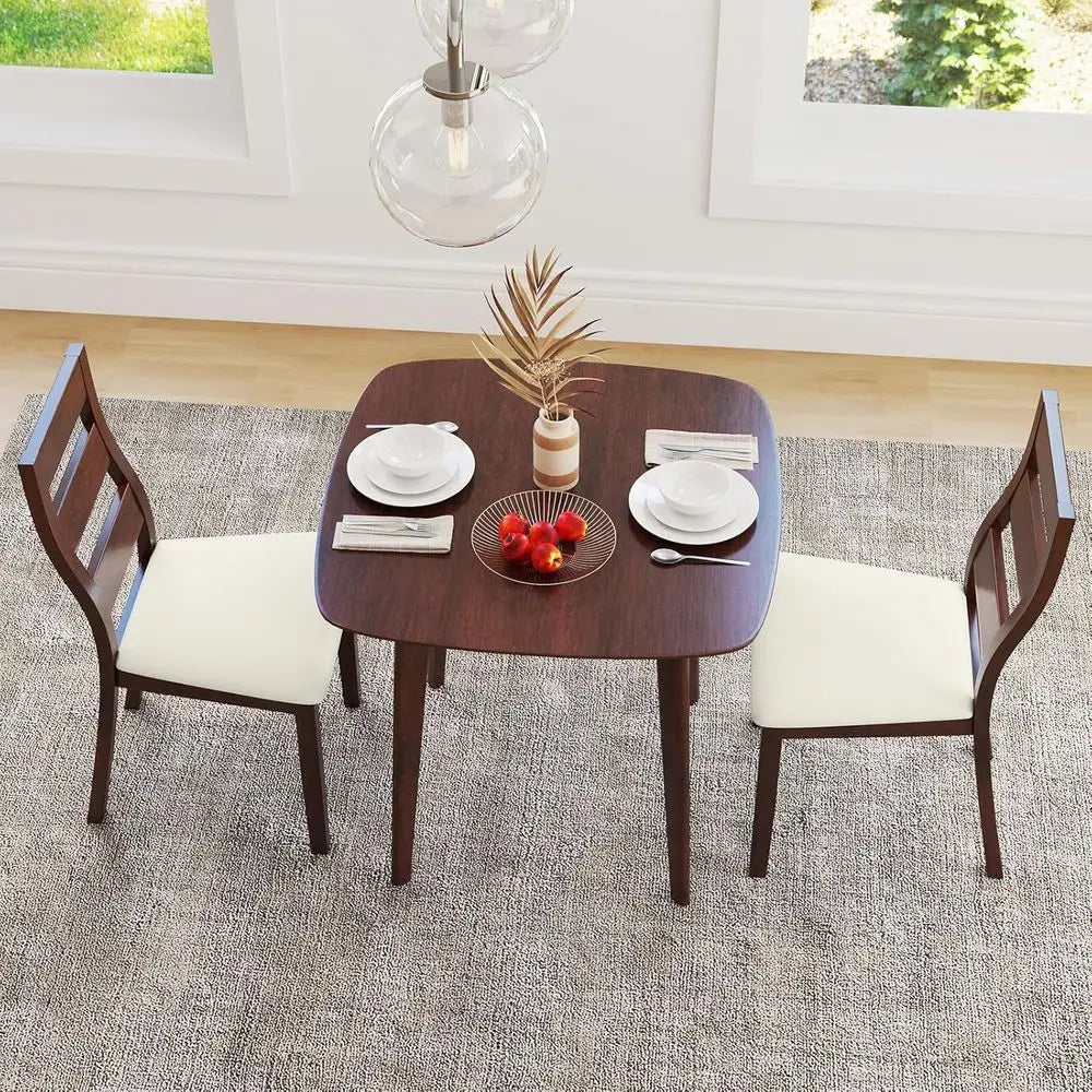 3-Piece Dining Table Set or 2, Wooden Square Kitchen Table and 2 Chairs with Padded Seat, Ladder Back, Space-Saving Dinette Set