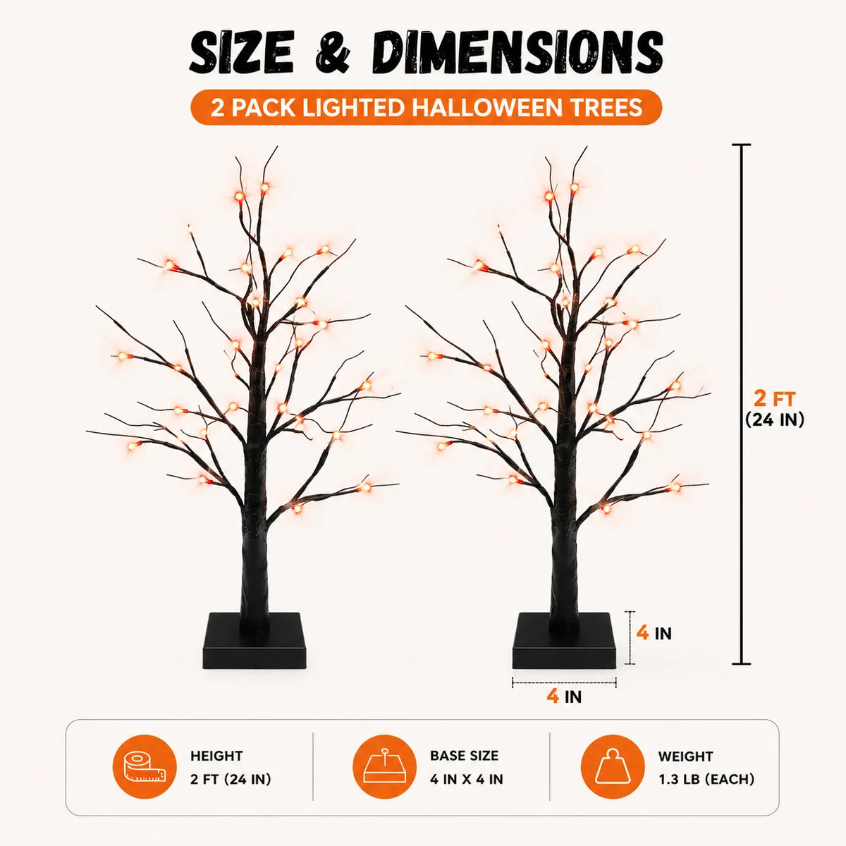 Halloween Tree Lights, 2 Pack LED Orange Purple Halloween Decor 2 Pack Halloween Tree Lights with 48 LEDs, Orange & Purple Glow, USB and Battery Powered for Indoor Halloween Decorations