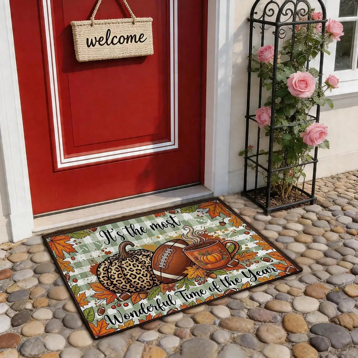 Pumpkin Football Coffee Cup Welcome Door Mat, Autumn Rustic Floor Rug With Football Theme Design, Non-Slip Outdoor Carpet For Bedroom, Front Door, Entryway