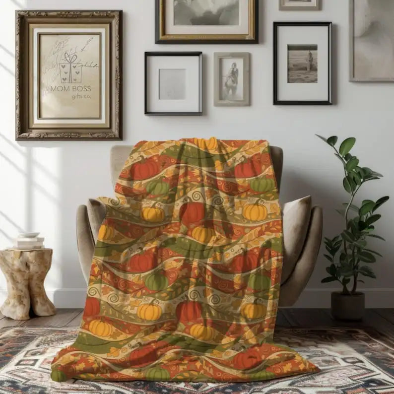 Autumn Harvest Blanket, Pumpkin Wave Throw, Fall Farmhouse Bedding, Orange Pumpkin Throw, Autumn Wave Blanket, Harvest Season Gift