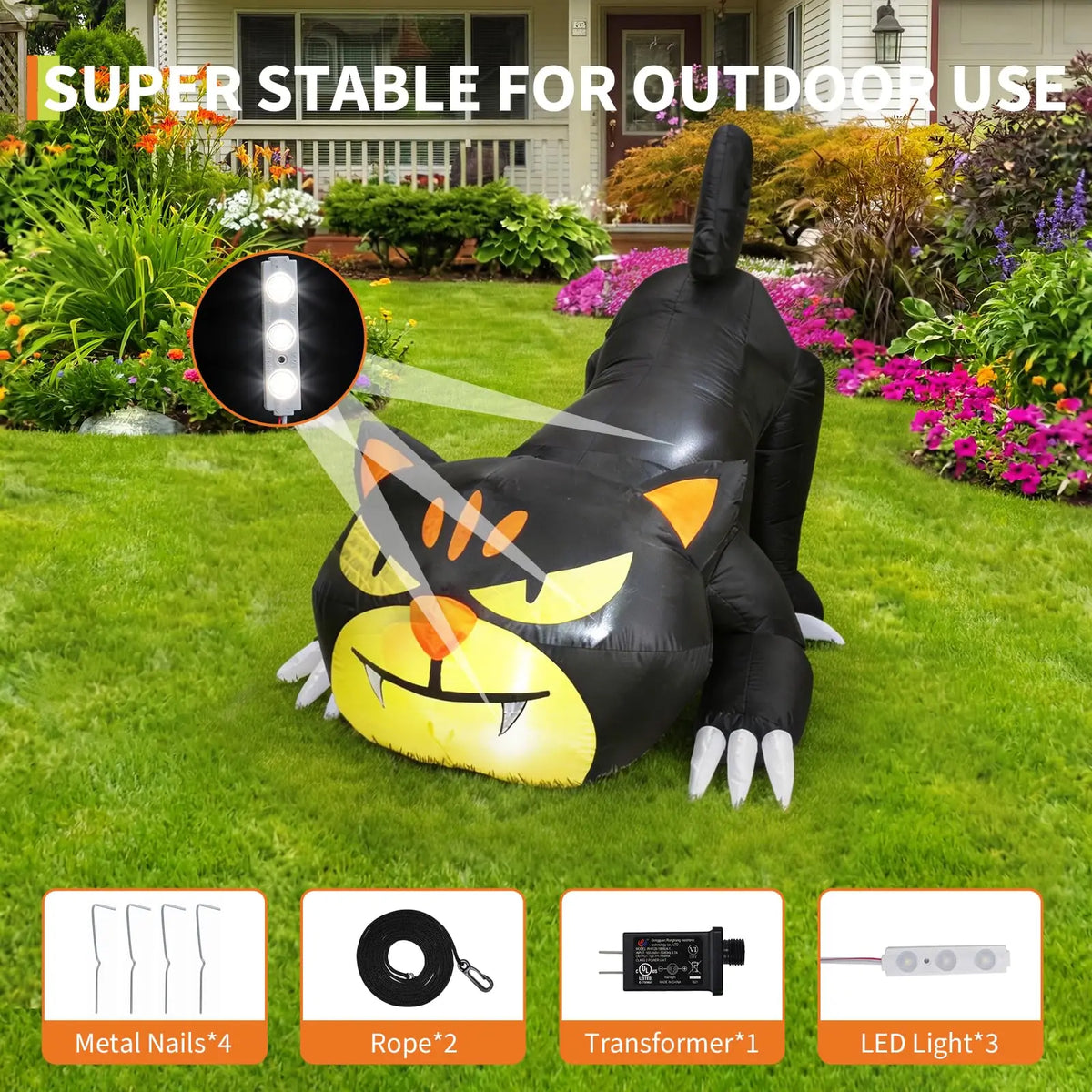 7ft Halloween Inflatable Crawling Black Cat Outdoor Yard Decor With 3 Led Lights, Blower, Stakes & Ropes For Lawn Garden Porch