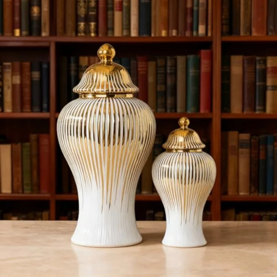 Centerpieces use: white and gold ginger jars vintage-style vase with lid 14 in tall ceramic material white-gold finish elegant