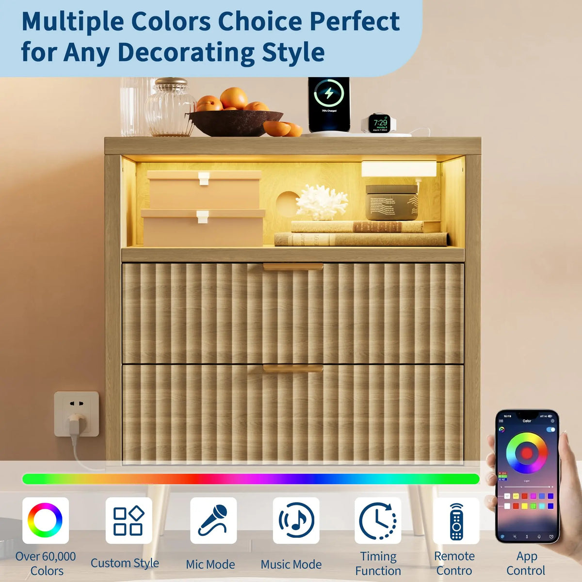 HiMISS LED Nightstand With Charging Station Drawers And Open Shelf
