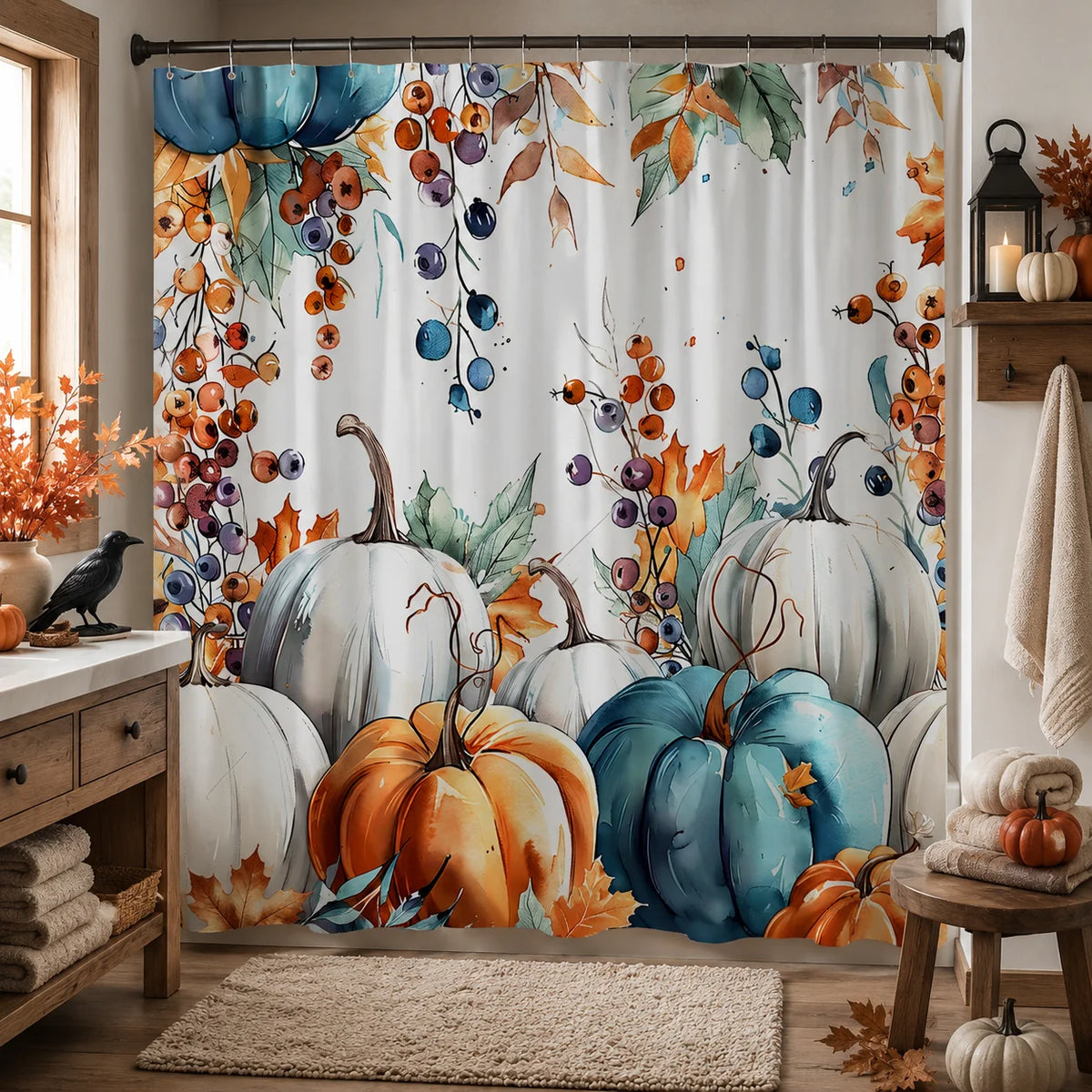 One Halloween Shower Curtain Featuring Vibrant Pumpkins And Autumn Foliage, Designed for a Rustic Farmhouse Look. It Measures 71X71 Inches And Is Made of Polyester Fabric