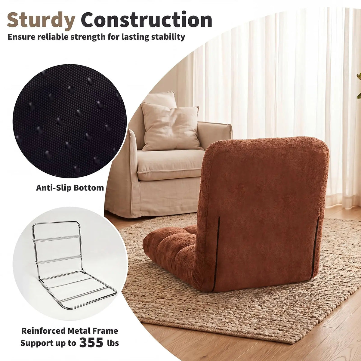 Adjustable Floor Chair With Back Support, 5-Position Foldable Gaming Lounge Chair, Padded Meditation Sofa For Indoor Living Room