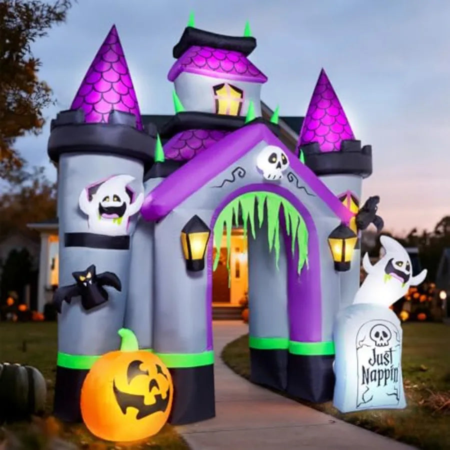Halloween outdoor inflatables: 12 FT haunted house castle archway, PVC material, black and purple, weather-resistant with built