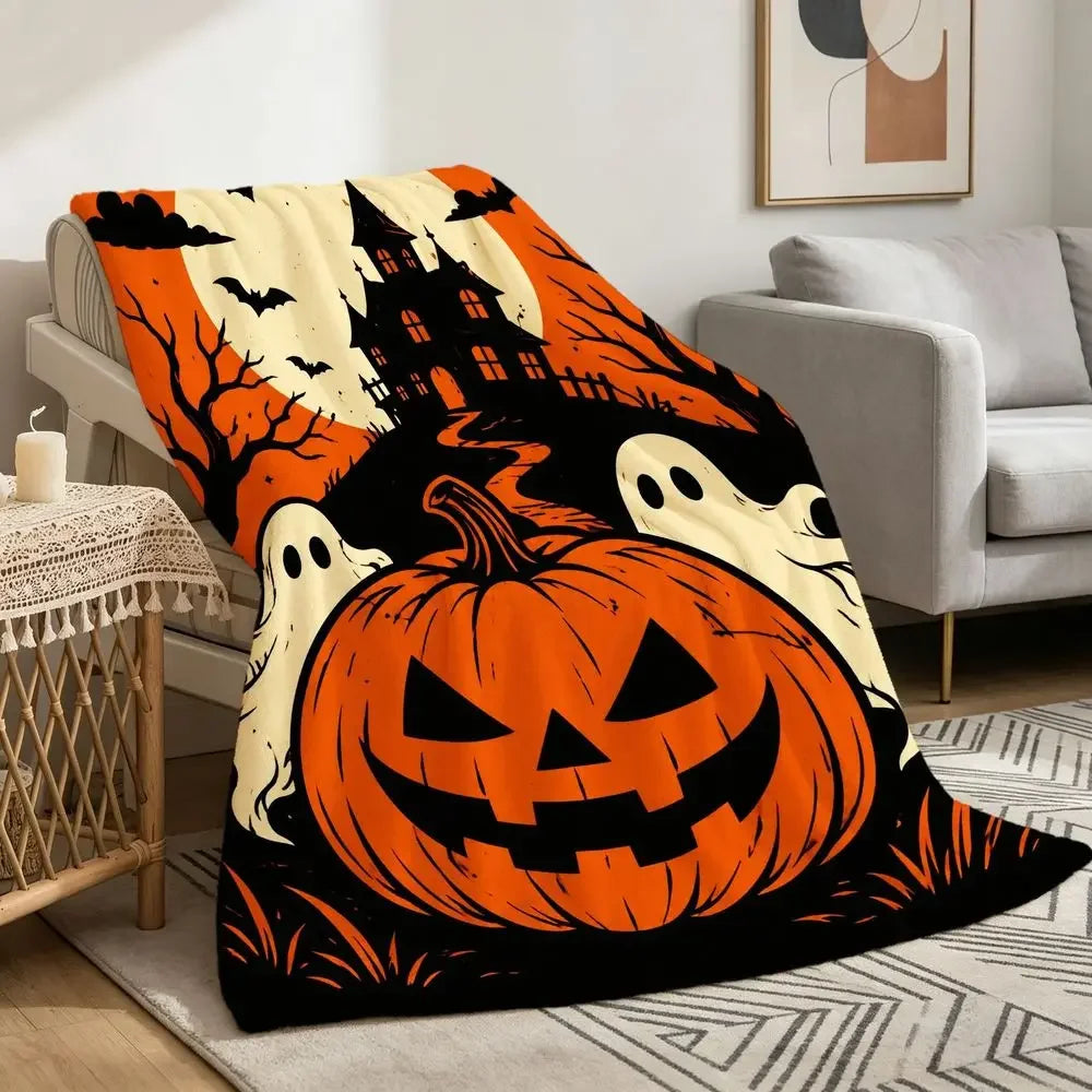 Halloween Throw Blanket Orange Black Pumpkin Ghost Haunted Mansion Moon Bats Cozy Soft Flannel Blanket for Sofa Living Room Travel Camping Gift for Fall Halloween Decor