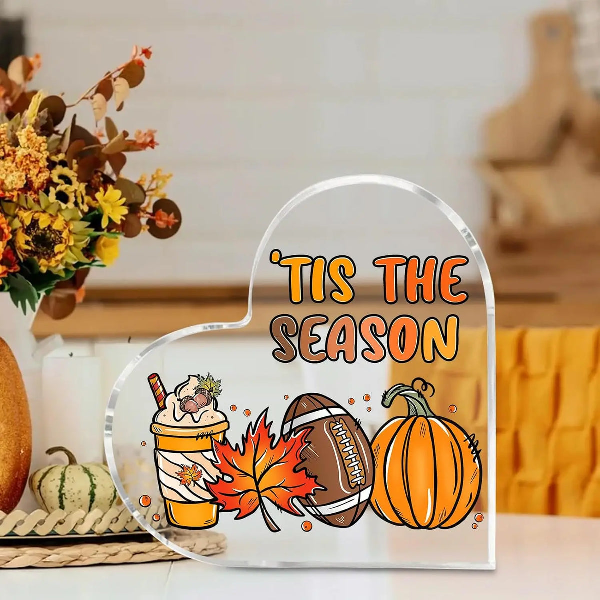Cute Cartoon Fall Harvest Graphic Heart‑Shaped Acrylic Ornament, Autumn Thanksgiving Tabletop Decoration