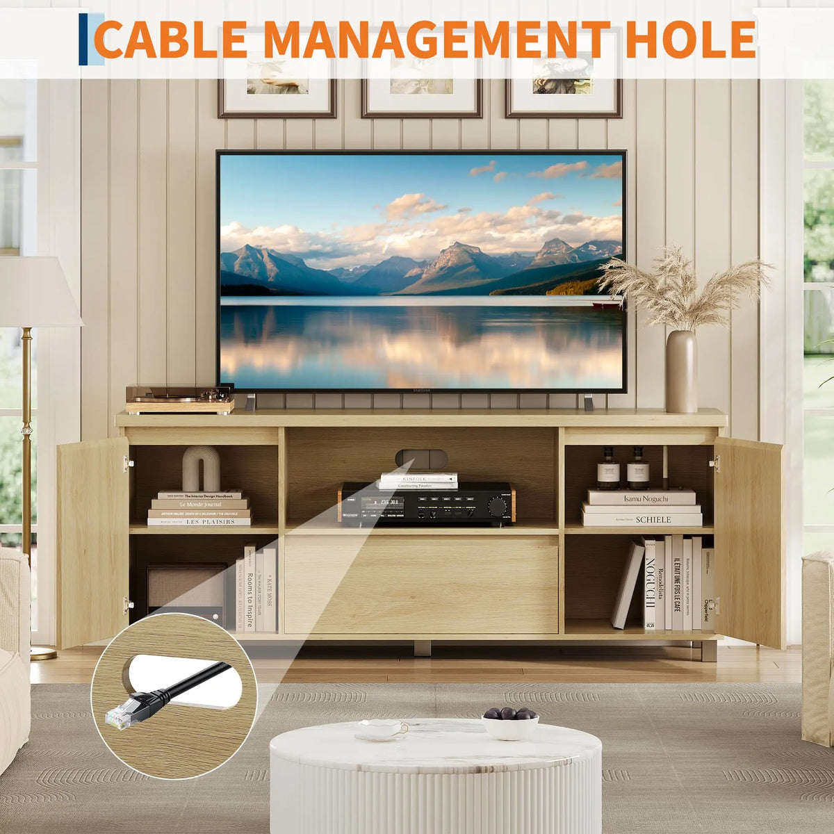 Modern TV Stand For TVs Up To 70 Inch, Media Console With Fluted Door Cabinets, Drawer, Open Shelves, Cable Management Cabinet