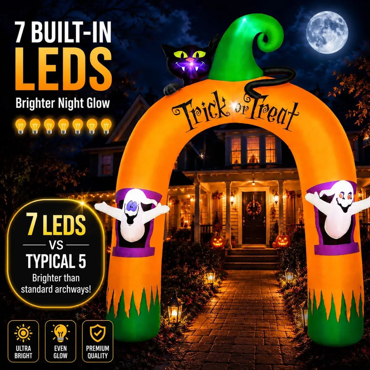 Halloween Inflatable Archway 10Ft with 7 LED Lights, Black Cat & Ghosts Design, Self-Inflating, Weather-Resistant, Foldable Outdoor Yard Decor, Bright Nighttime Glow, Easy Setup, Ideal Lighted Trick-or-Treat Entrance