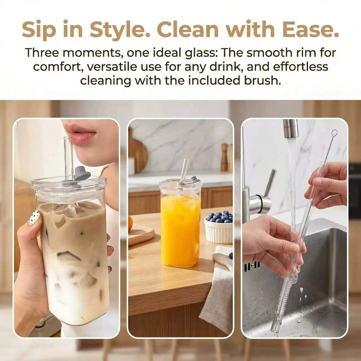 Square Heat Resistant Glass Coffee Mugs With Lids And Straws