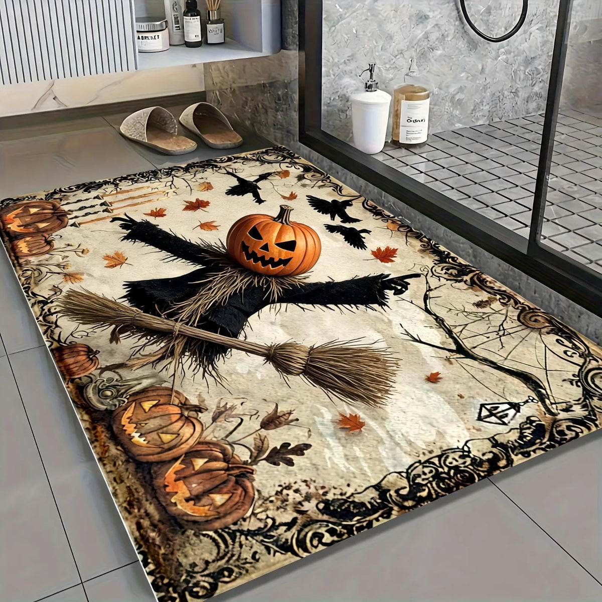 1pc 2D Flat Halloween Bathroom Mat Microfiber Non-slip Mat, Wicked Witch Pattern, Imitation Cashmere Material, Machine Washable, Halloween Decoration, Suitable for Kitchen, Bathroom, Shower, Can Be Given as a Gift, 2D Flat
