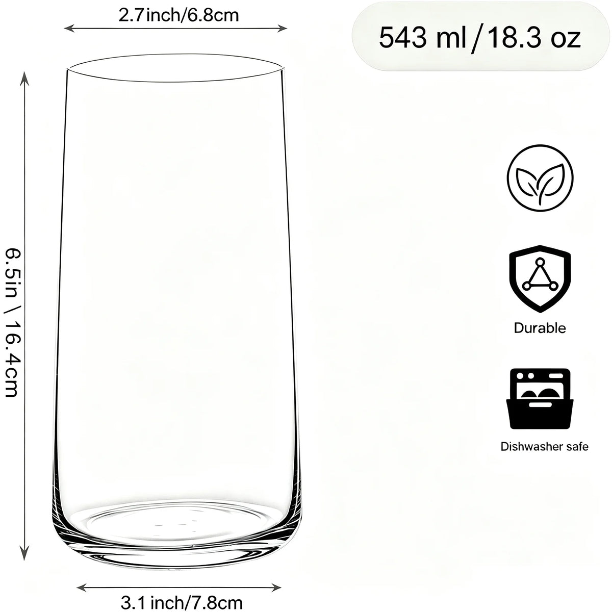 Drinking Glasses Set of 6,18.3oz/543ml Large Water Glasses,Lead-Free Crystal Highball Glasses for Cocktail,Juice,Mojito,Iced Tea,Kitchen and Bar Glassware