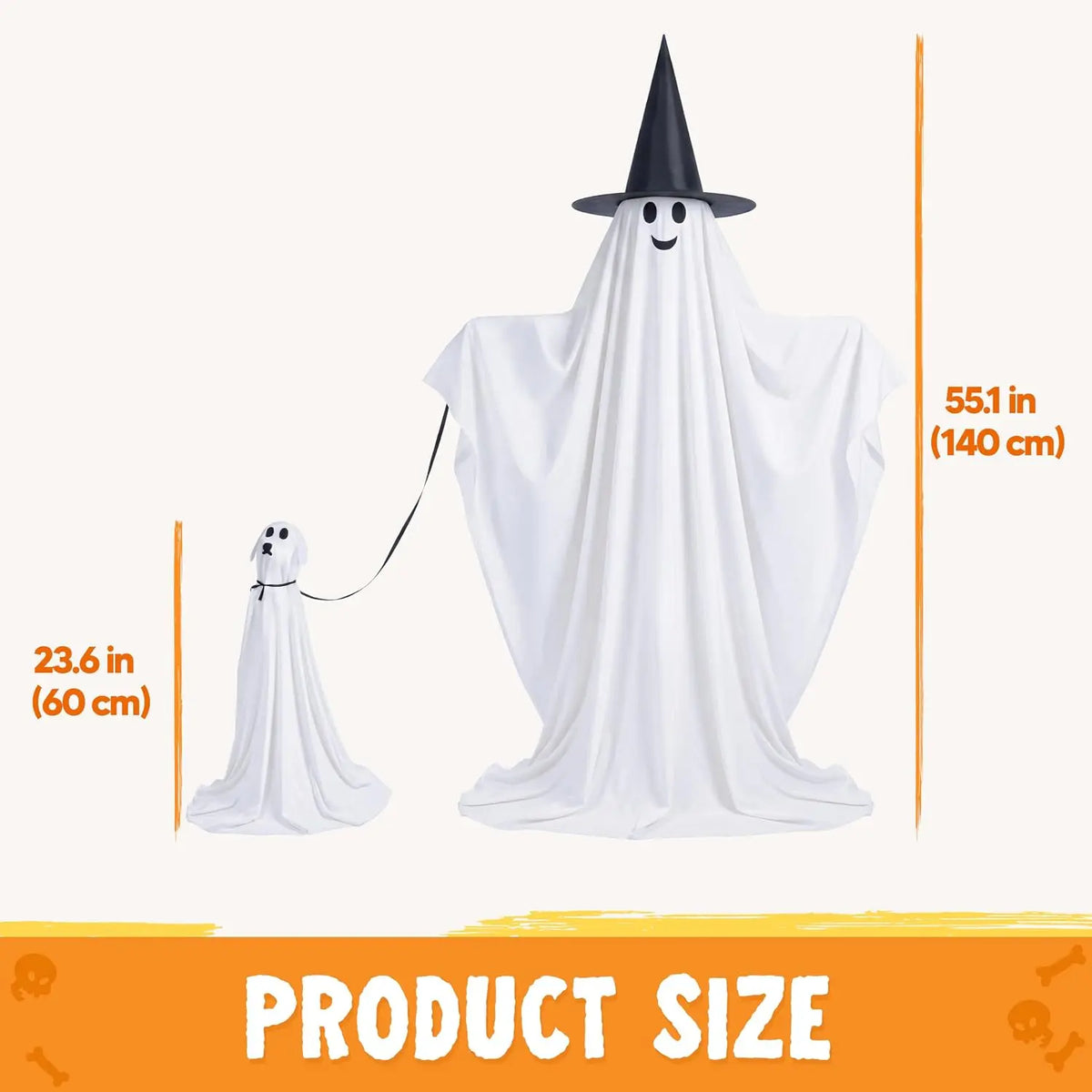 2Pcs Outdoor Halloween Decorations 55" Standing Ghost and 23" Dog Ghost Cute Set with Warm White LED Lights 8 Lightng Modes & Timer for Yard Lawn Party Favors and Halloween Decor Outside Indoor