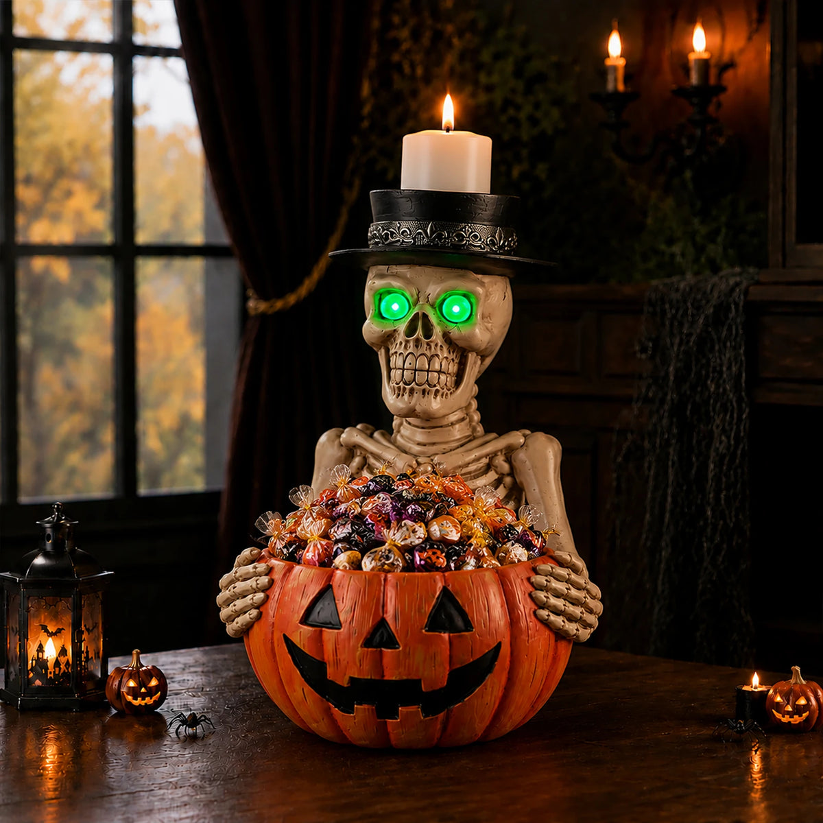 Halloween Skeleton Figurine with Pumpkin Candy Bowl & Candle Holder, Spooky Table Decor for Halloween