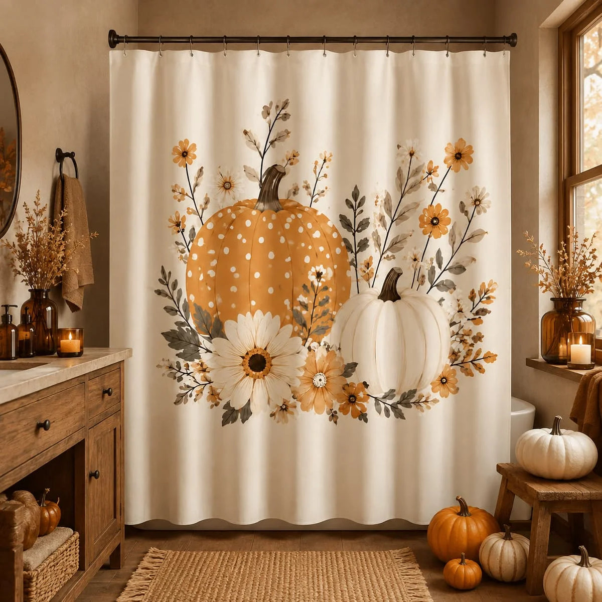 Autumn Pumpkin Floral Shower Curtain 71X71 Inches Polyester Fabric Farmhouse Fall Bathroom Decor with 12 Hooks Rustic Orange White Pumpkin Daisy Botanical Print