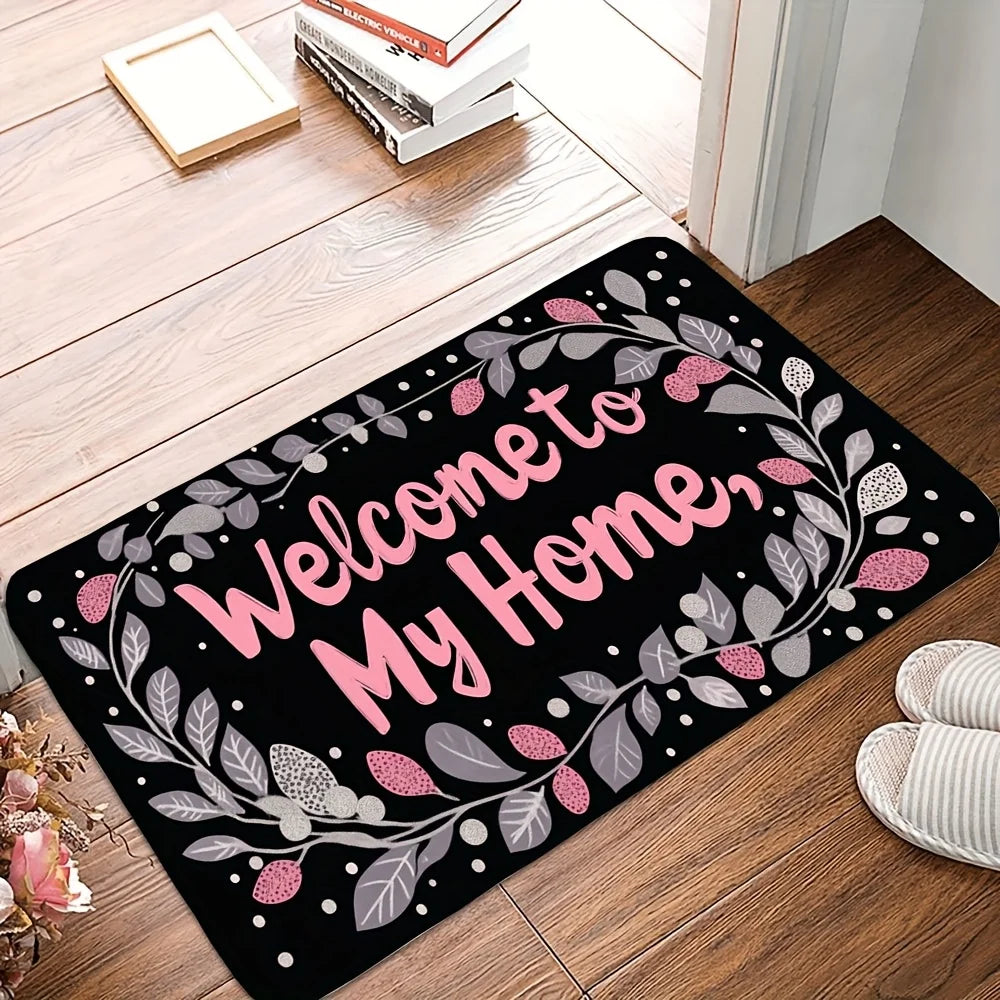 1 Piece of Family Welcome Printed Flannel Doormat with Leaf and Letter Patterns, Entrance Carpet, Living Room and Bedroom Mats, Available in Various Sizes and Colors