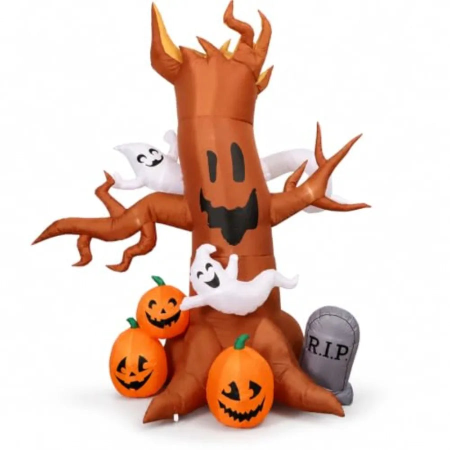 8FT Halloween inflatable ghost tree decoration with pumpkins and tombstone for outdoor lawn garden use, polyester material, whi