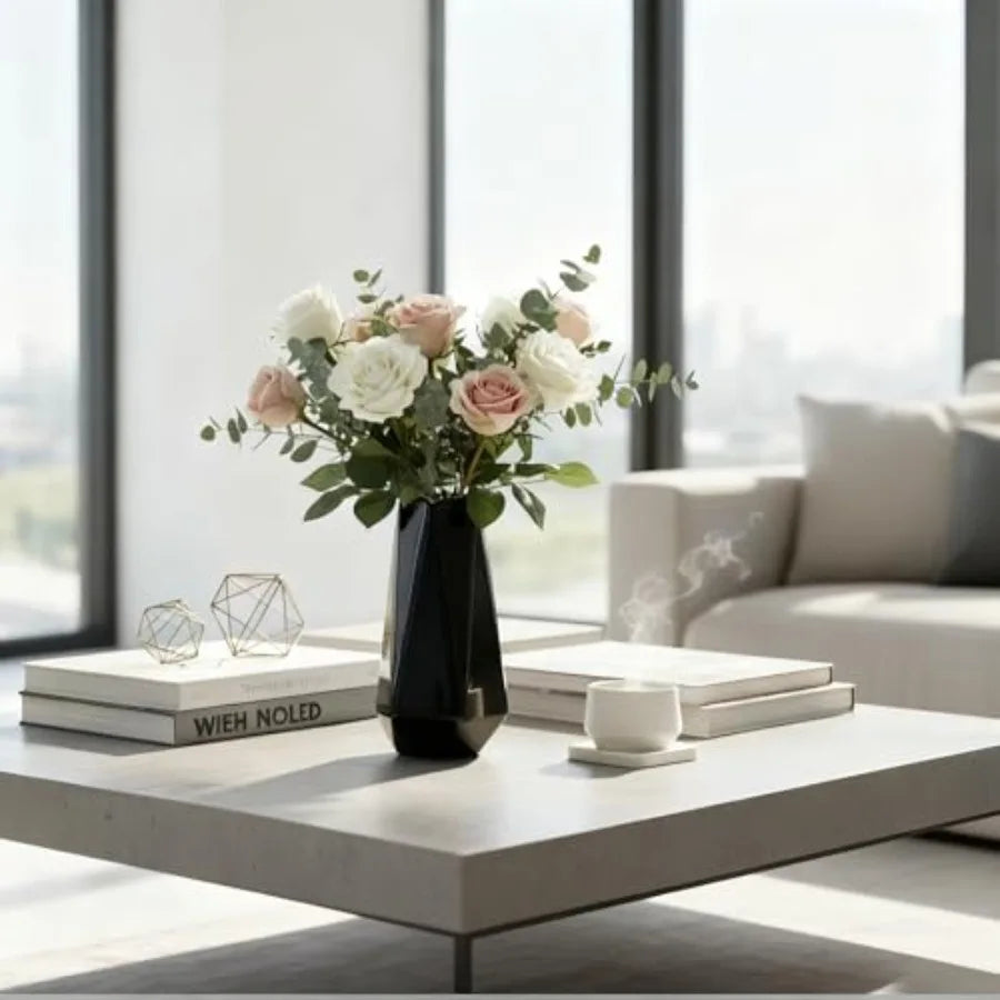 Modern Black Ceramic Vase, 7.5 Inch Geometric Flower vases, Minimalist Design for Table Shelf Centerpiece Home Decor Fit for Ho