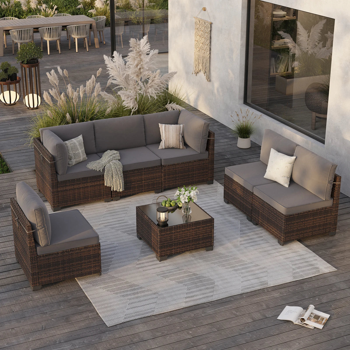 7 Piece Patio Furniture Set, Outdoor Sectional Rattan Conversation Set for Garden, Porch, Backyard