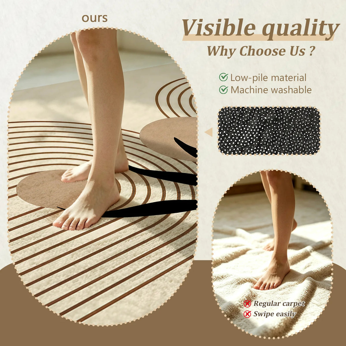 Large Indoor Area Rug, Soft Velvet Low Pile Rug with Non-Slip Dotted Backing, Machine Washable Modern Abstract Line & Black Leaf Pattern Neutral Beige Floor Mat for Living Room, Bedroom