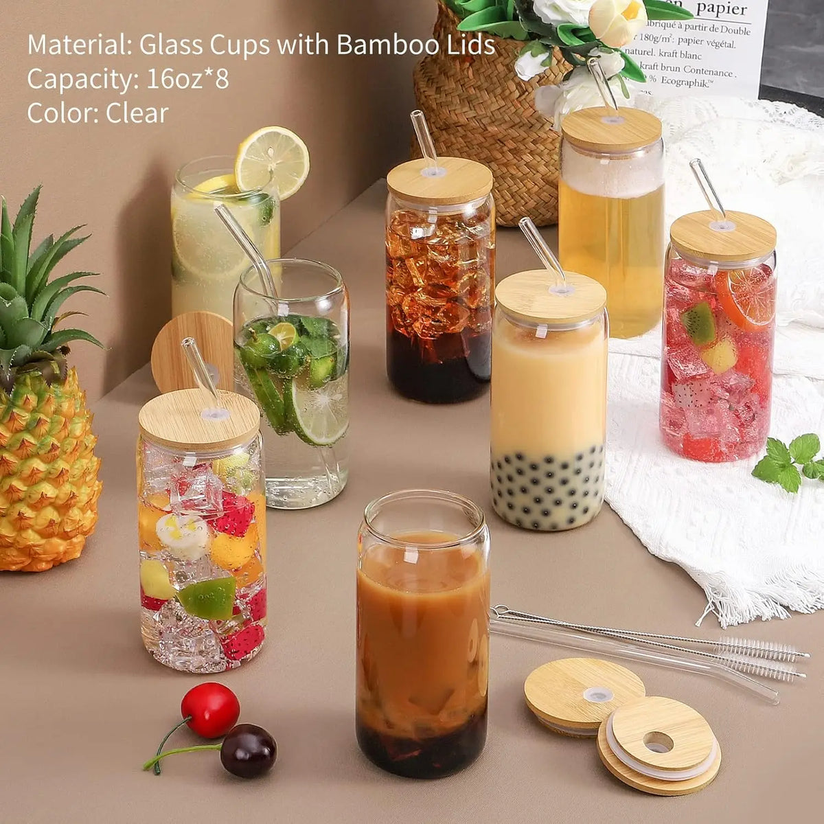 Tyrixma 4PCS Glass Cups with Bamboo Lids and Straws, 16OZ Ice Coffee Cup, Drinking Cup Set with Wooden Lids, Home Essential Glass Tumblers for Beer, Cocktail, Tea and Latte Clear.