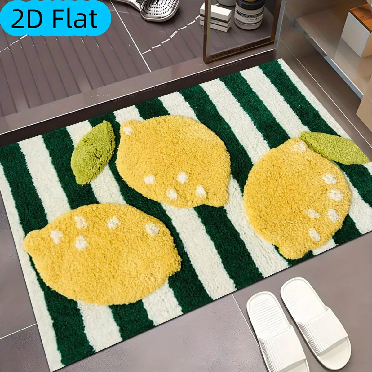 [2D Flat]1pc Green And White Striped with Lemon Pattern Bathroom Mat, Velvet Material, Short Pile, Non-Slip, Absorbent, Suitable for Bathroom Anti-Slip