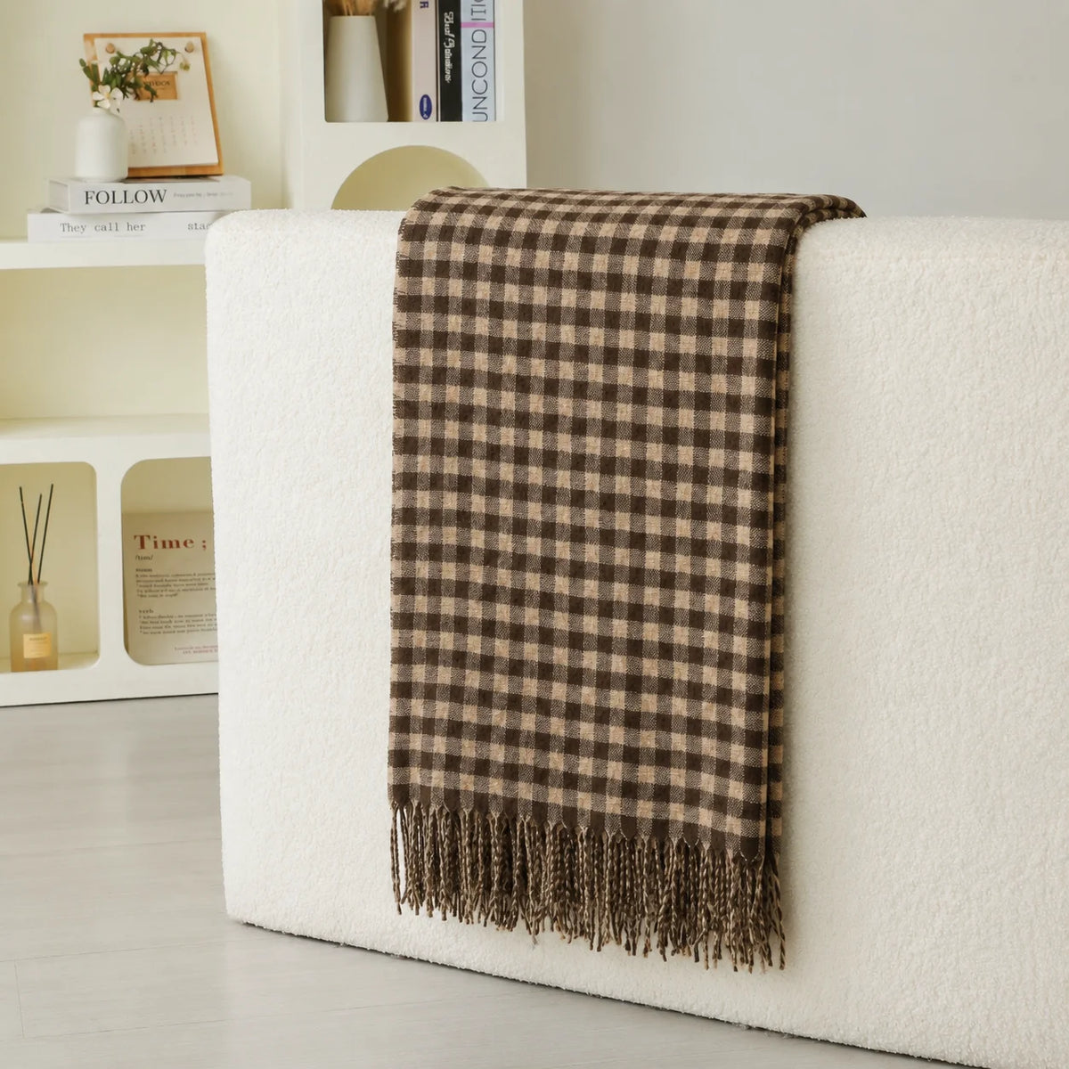 Light Khaki Diamond Cable Textured Knit Throw Blanket with Tassel Fringe, Soft Knitted Decorative Blanket, Lightweight Cozy Cover for Couch Sofa Bed, Boho Farmhouse Home Decor for Living Room Bedroom