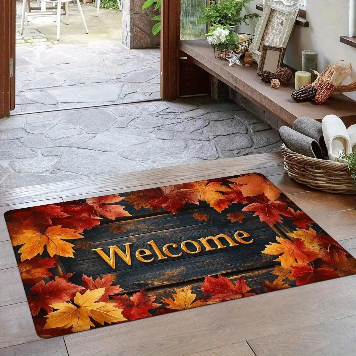 1pc Autumn Maple Leaf Welcome Doormat - Rustic Farmhouse Style Thanksgiving & Halloween Decor, 0. 47inch Thick Machine-Washable Polyester With Non-Slip Backing