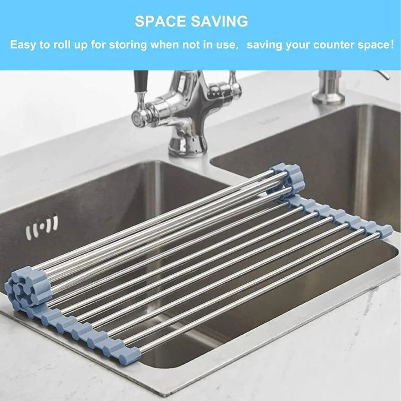 Roll Up Dish Drying Rack, Over the Sink Dish Drying Rack Kitchen Rolling Dish Drainer, Foldable Sink Rack Mat Stainless Steel Wire Dish Drying Rack for Kitchen Sink Counter Storage 17.5x11.8