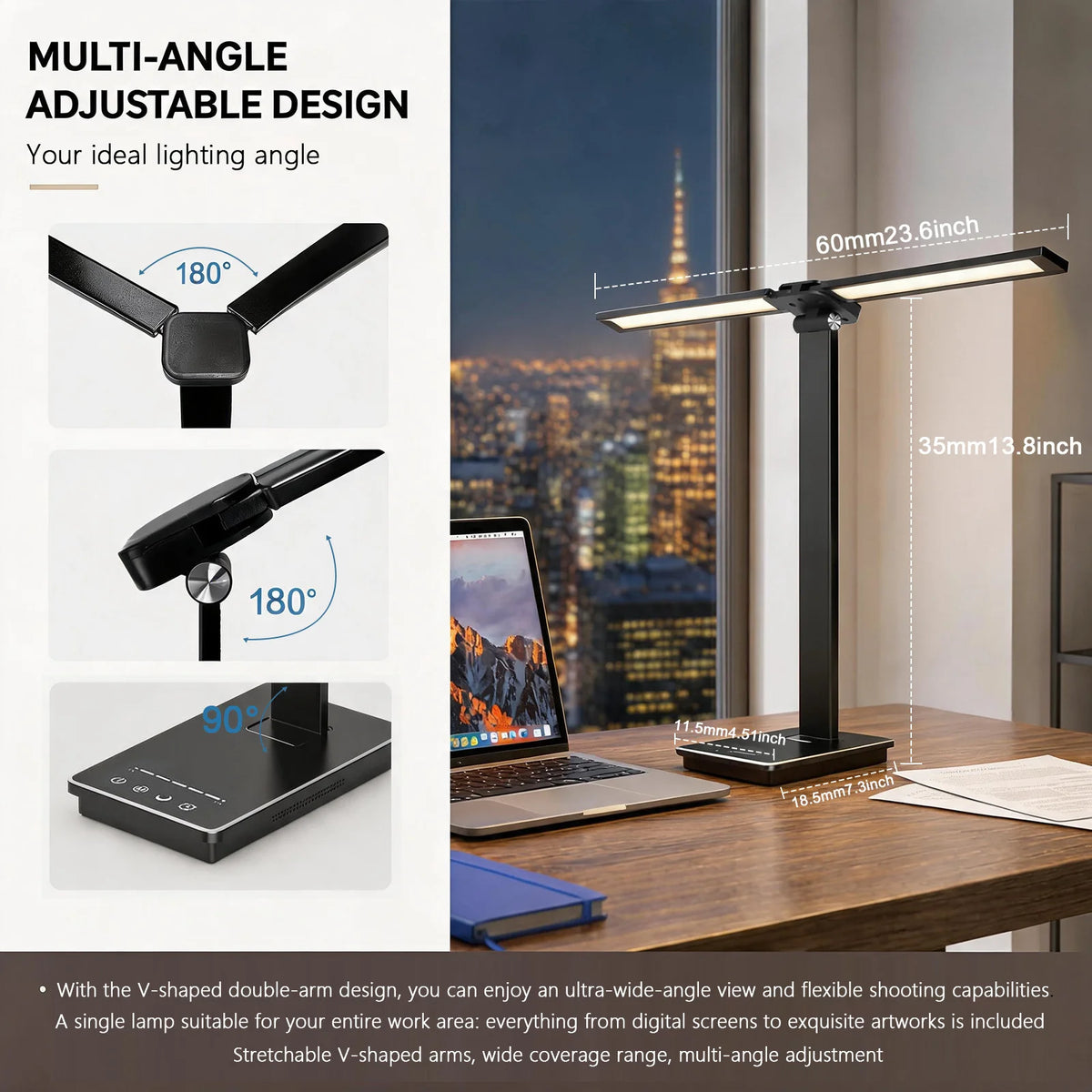 Double Head LED Desk Lamp 13W USB Power 88 LEDs Foldable Reading Light 5 Color Modes Dimmable 3000K-6000K Portable Table Lamp Adjustable Eye-Caring for Home Office Study Bedroom Dorm Living Room